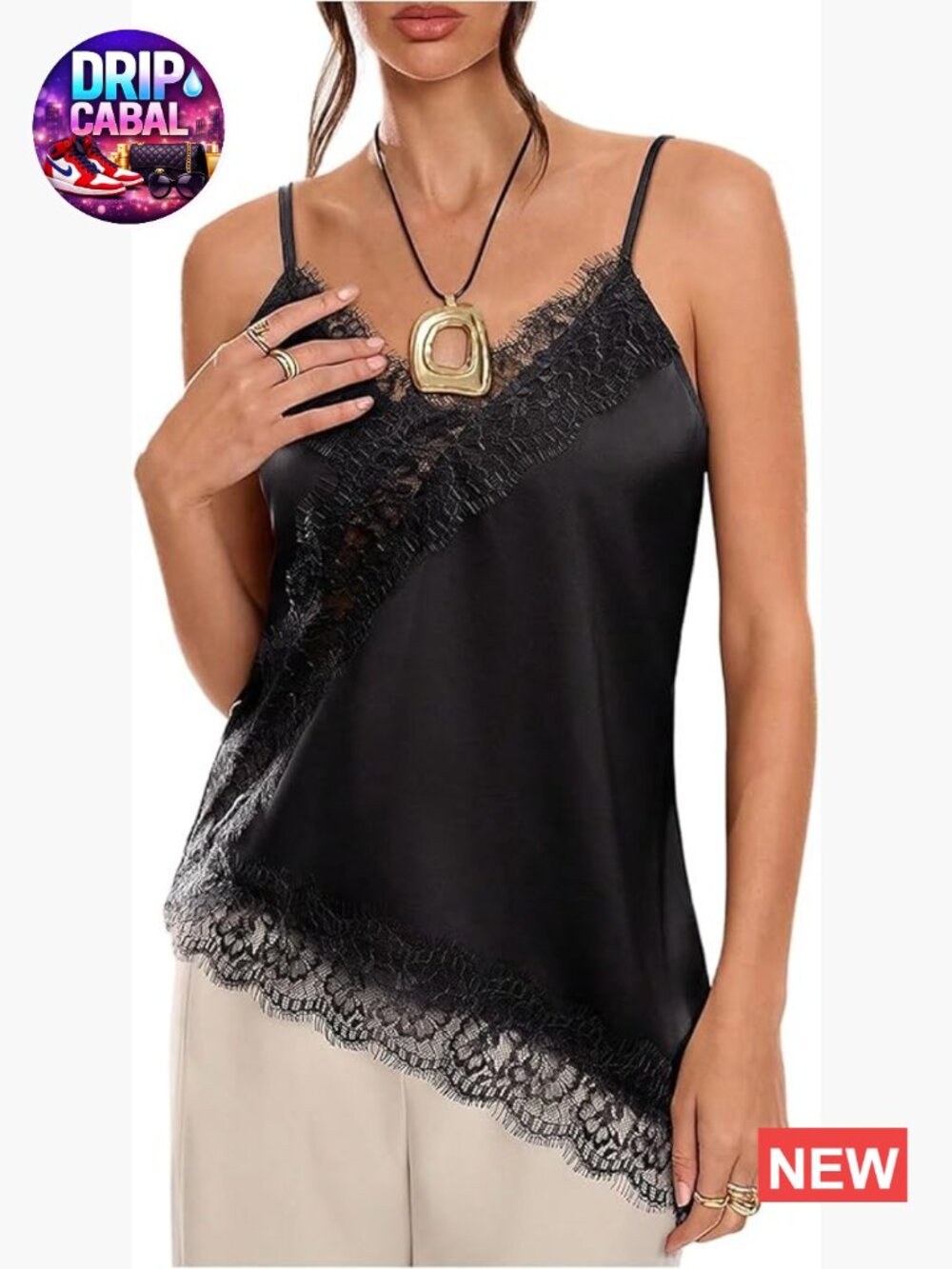 Silk Satin Camisole Top V Neck Spaghetti Strap Lace Tank Top